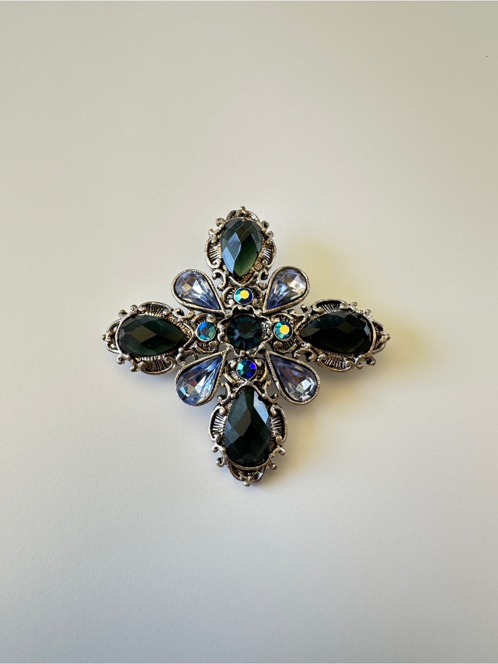 Silver-Tone Blue and Black Crystal Cross Brooch - Women Jewelry